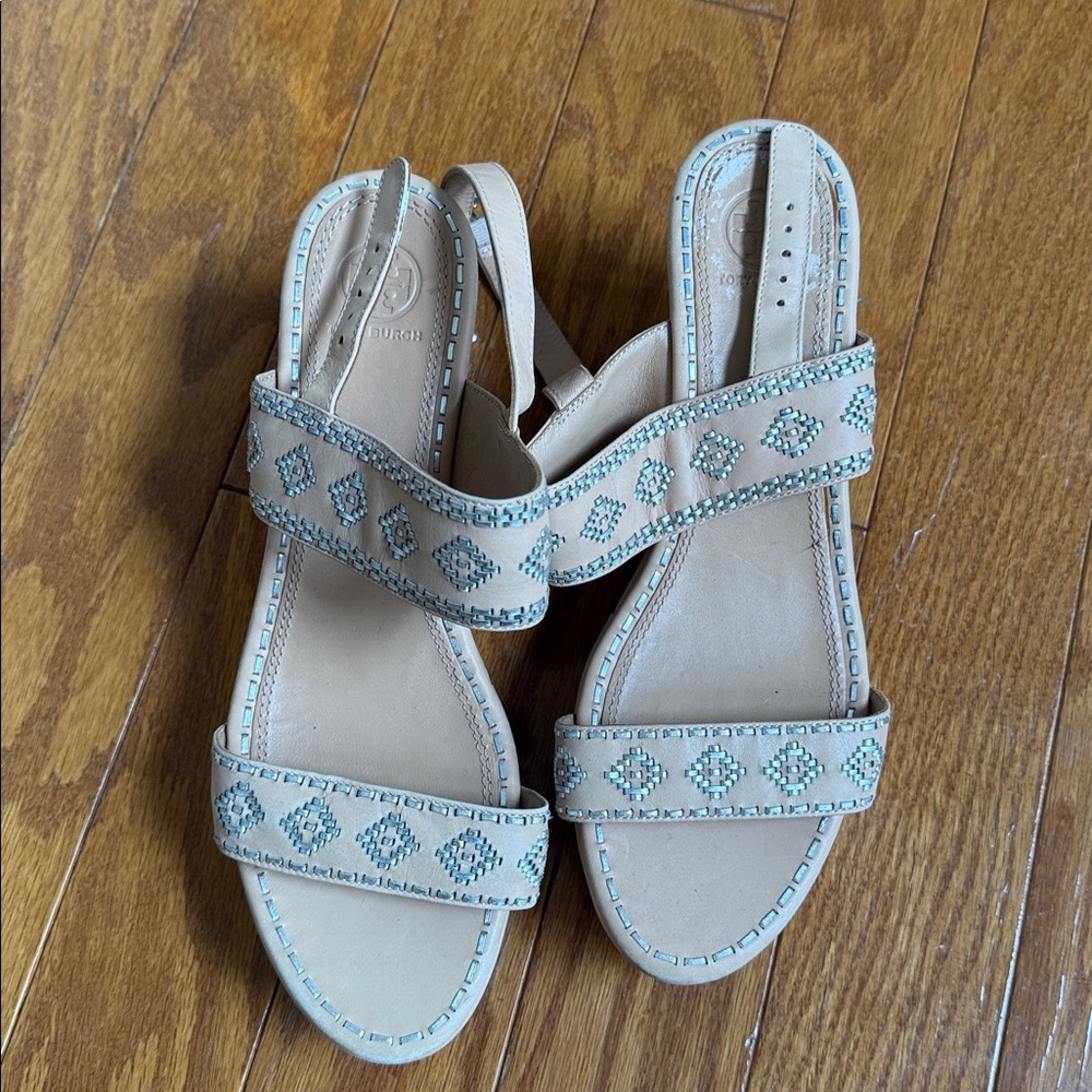 Tory Burch Blake Embroidered Platform Wedge Sandal Shoe 10.5